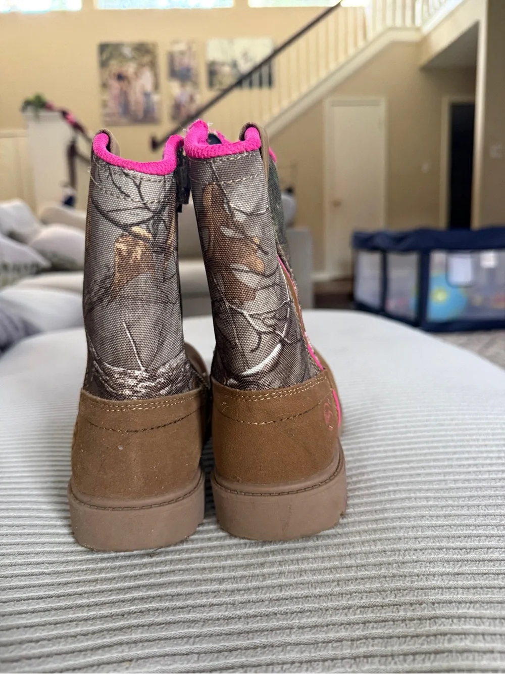 Magellan Outdoors Kids Brown Suede & Camo Boots with Pink Trim